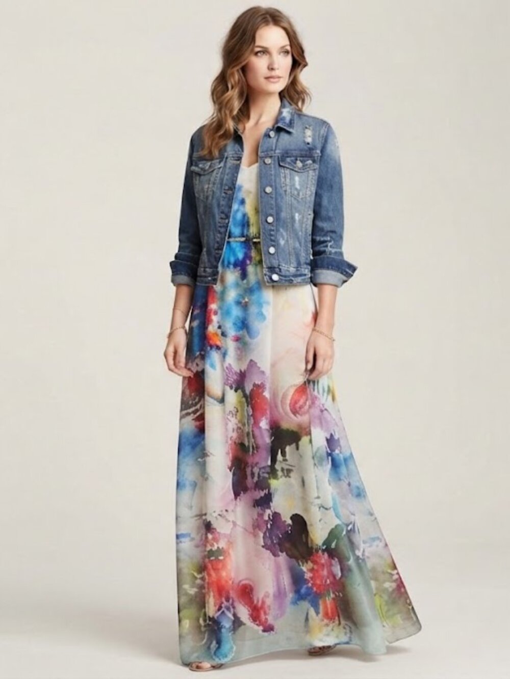A-line V-neck vibrant watercolor slip floral maxi dress rolled hem M